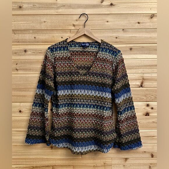 Y2K Venezia Size XLarge Retro Crinkle Textured Swirly V Neck Flare Sleeve Blouse - Picture 1 of 11